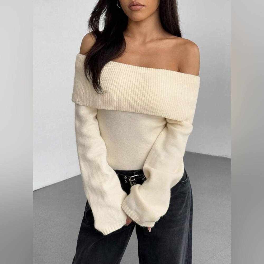 Off Shoulder Fold Over Sweater - Picture 3 of 8